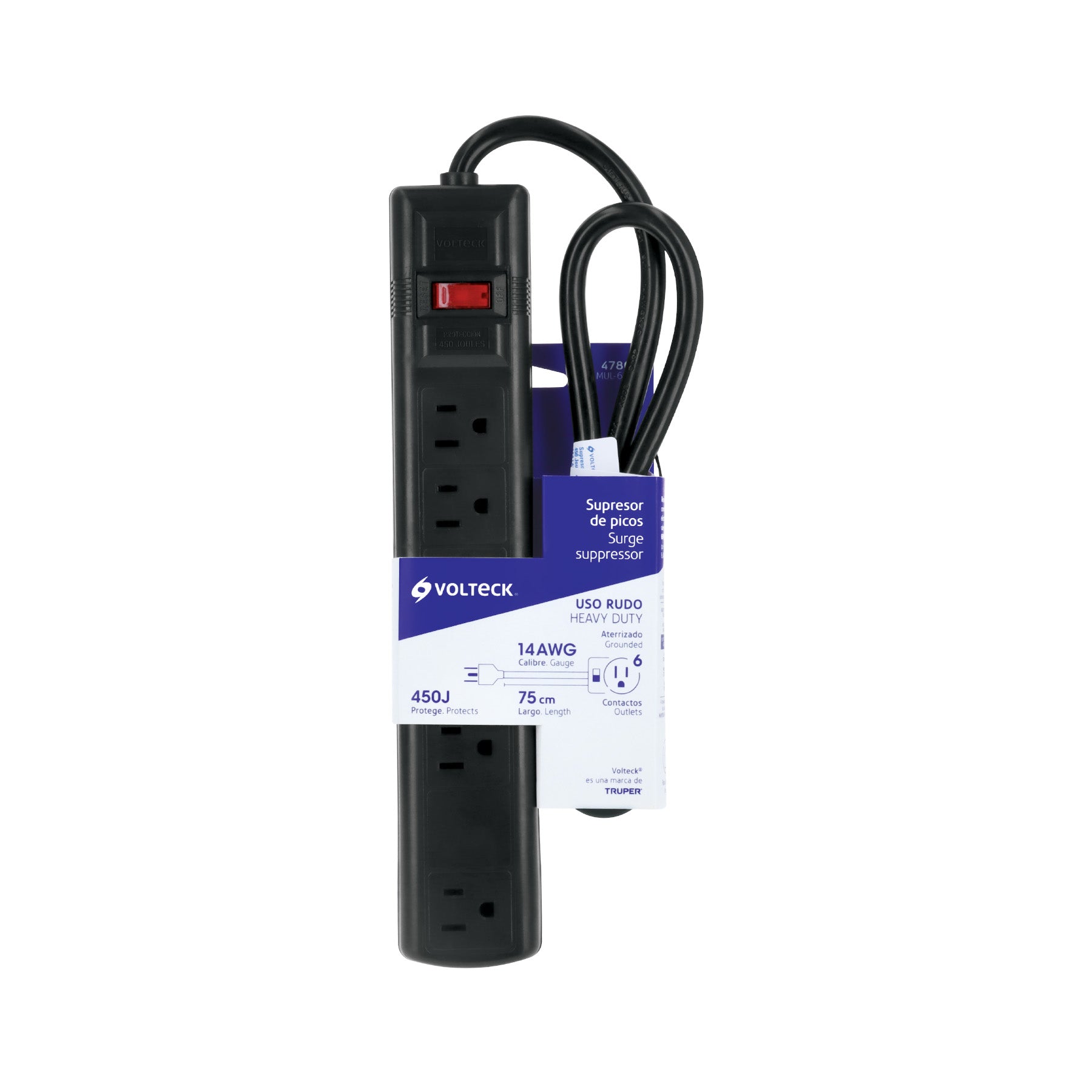 Multicontacto 14 AWG 6 ent., sup. de picos 450 joules, negro | MUL-645N | 47804
