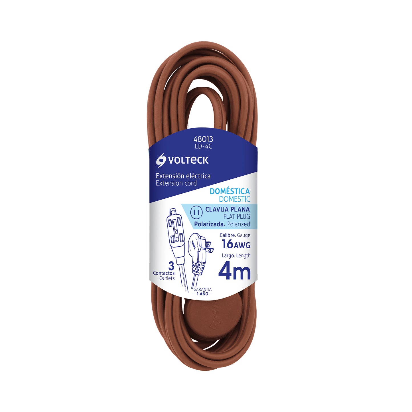 Extensión eléctrica doméstica 4 m clavija plana, café | ED-4C | 48013