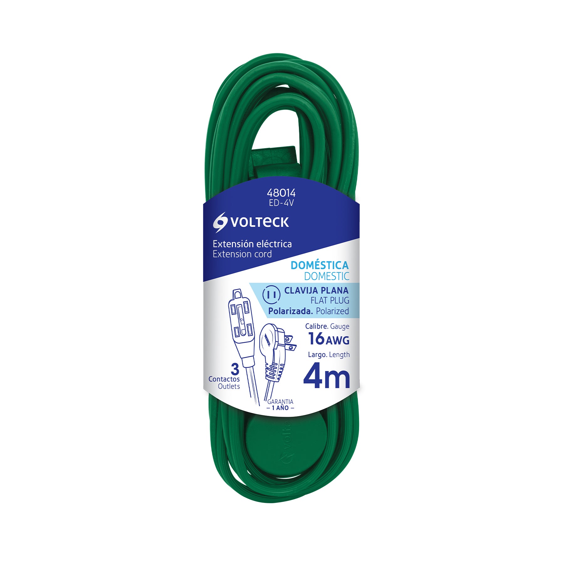 Extensión eléctrica doméstica 4 m clavija plana, verde | ED-4V | 48014