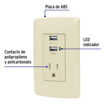Contacto aterrizado + 2 puertos USB, marfil, línea Italiana | COUSB-I | 48064