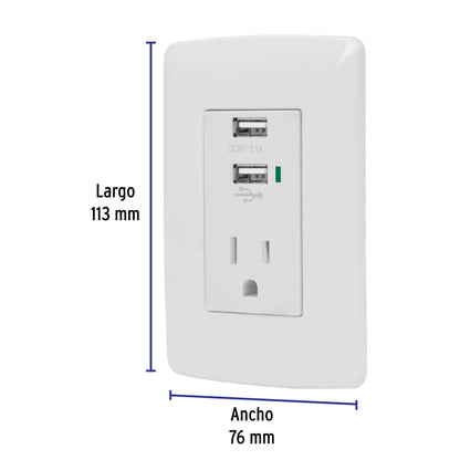 Contacto aterrizado + 2 puertos USB, blanco, línea Italiana | COUSB-IB | 48065