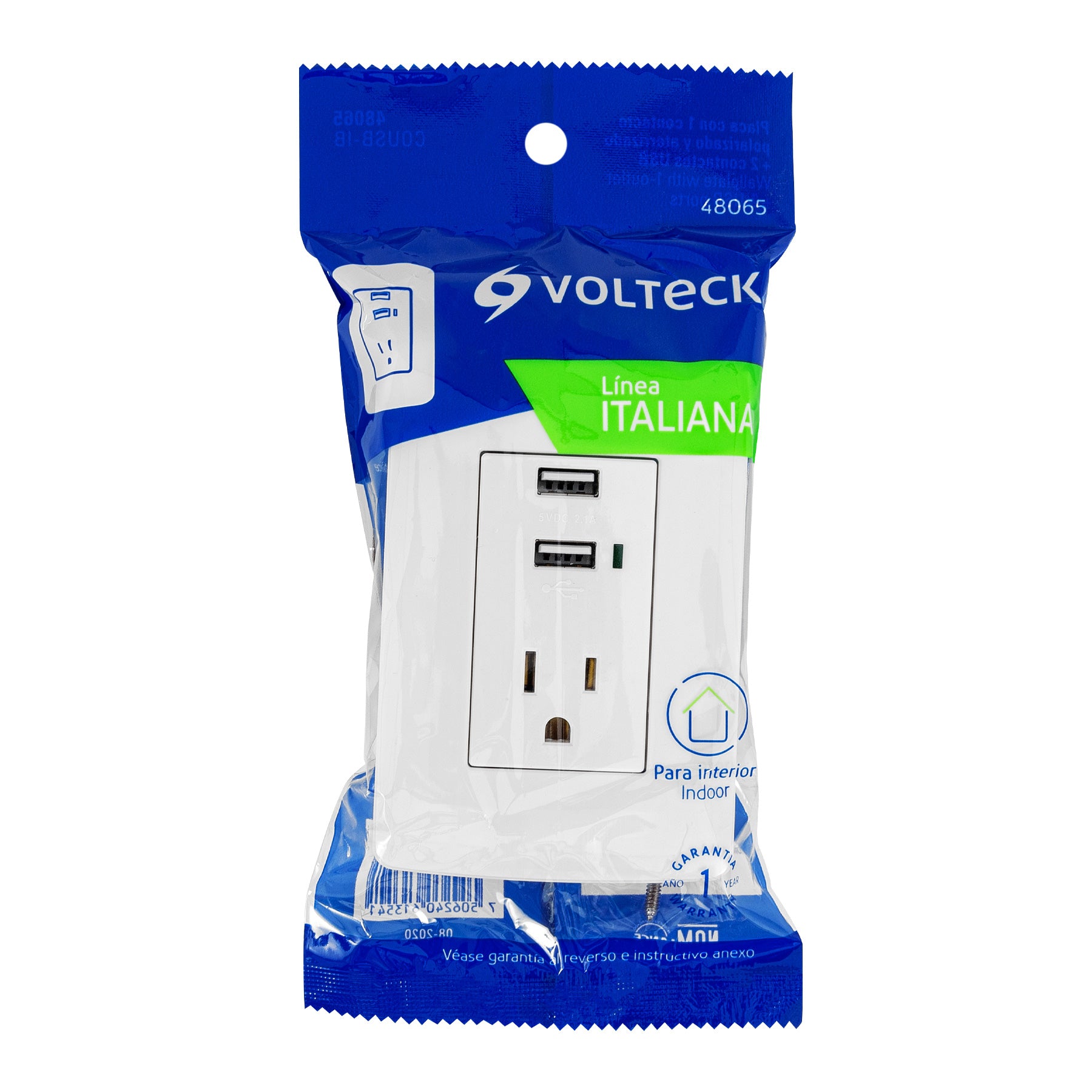 Contacto aterrizado + 2 puertos USB, blanco, línea Italiana | COUSB-IB | 48065