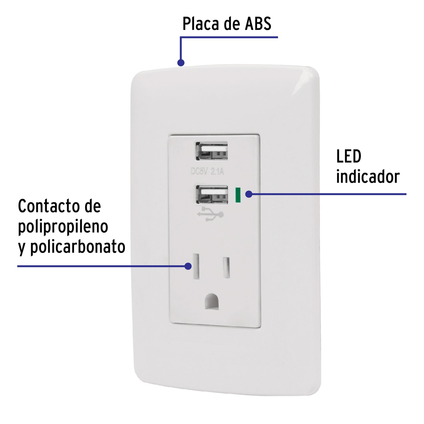 Contacto aterrizado + 2 puertos USB, blanco, línea Italiana | COUSB-IB | 48065