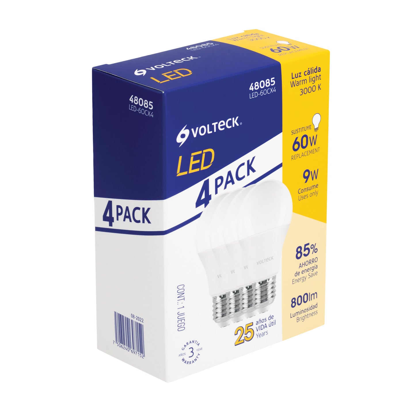 Pack de 4 lámparas LED A19 9 W (equiv. 60 W), luz cálida | LED-60CX4 | 48085