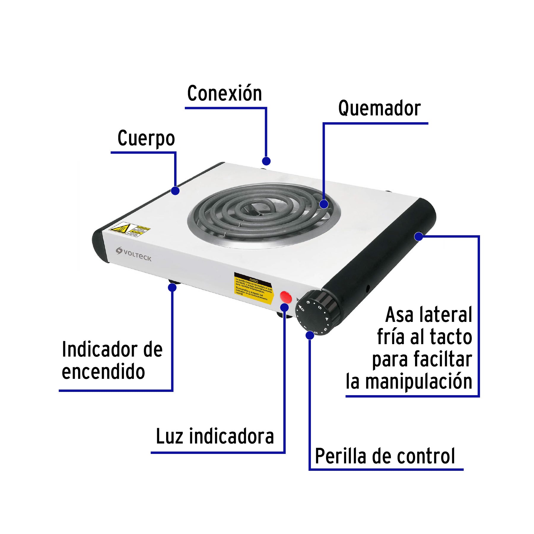 Parrilla eléctrica 1 quemador en espiral, blanca, VOLTECK | PAEL-1C | 48126