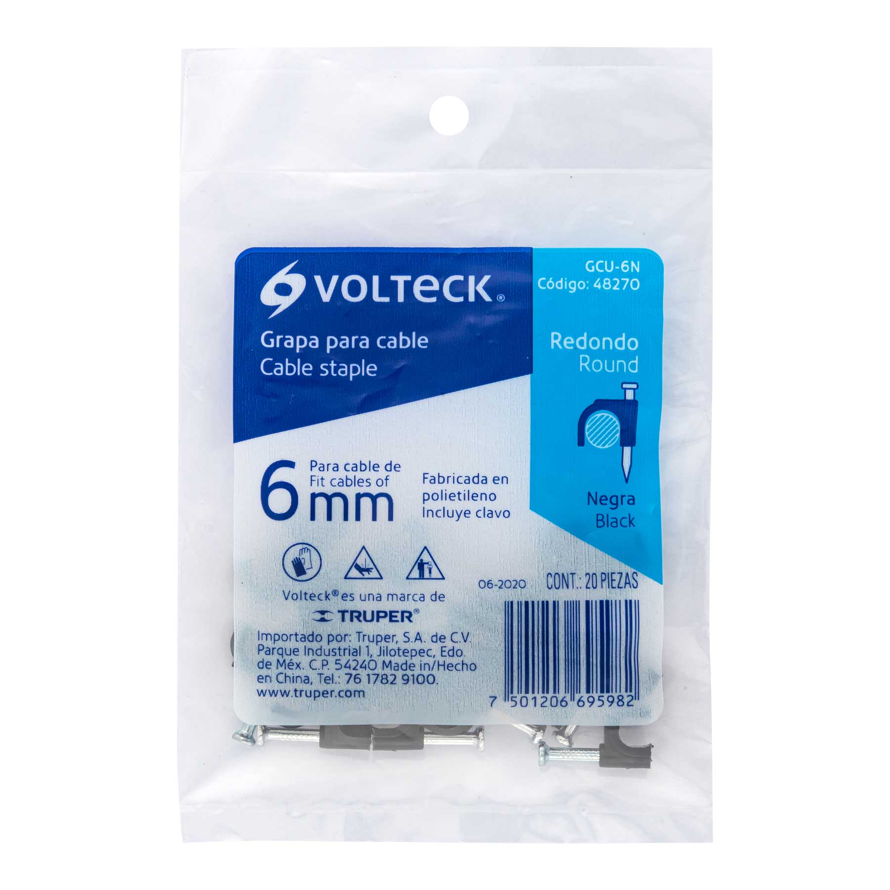 Bolsa con 20 grapas negras de 6 mm para cable redondo | GCU-6N | 48270