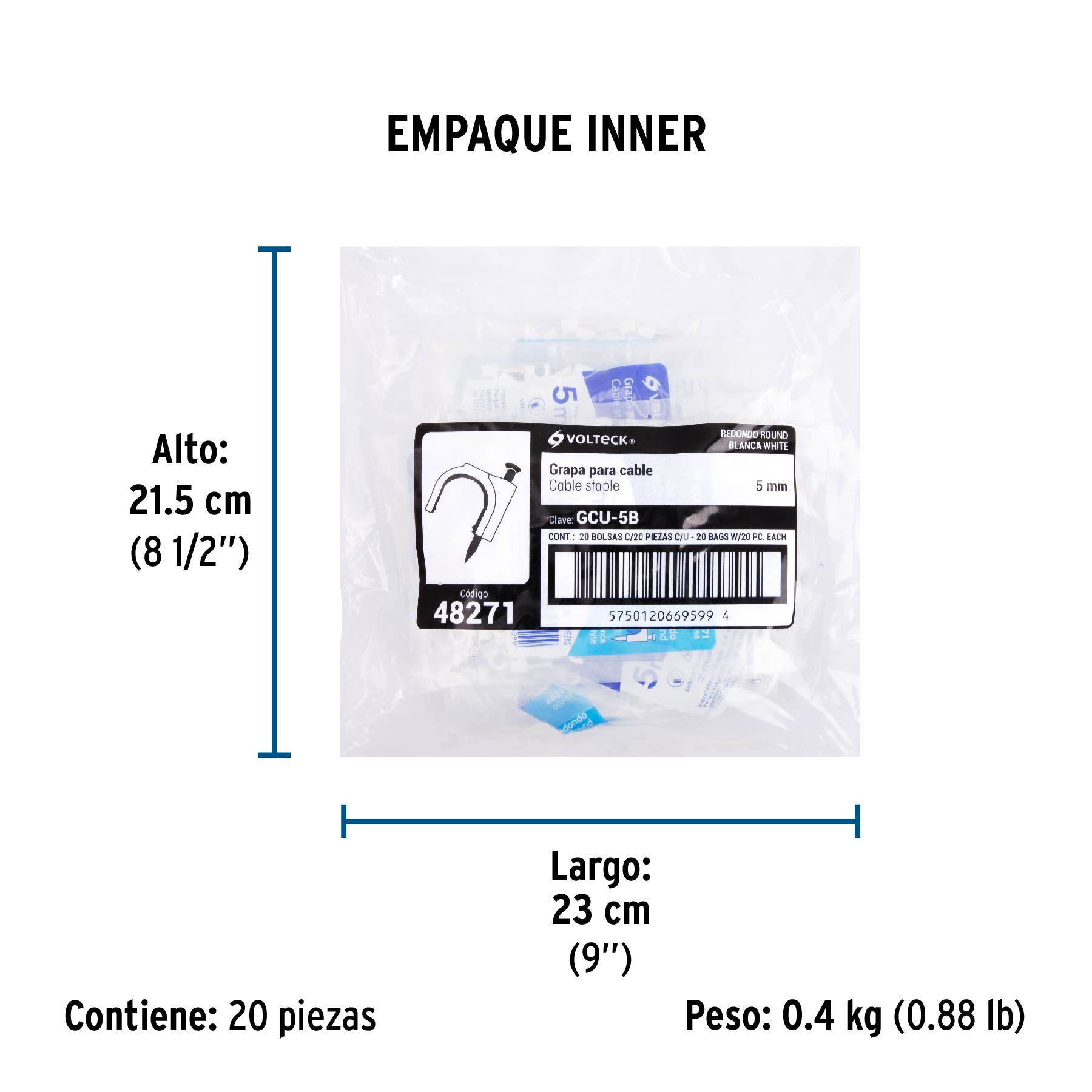 Bolsa con 20 grapas blancas de 5 mm para cable redondo | GCU-5B | 48271