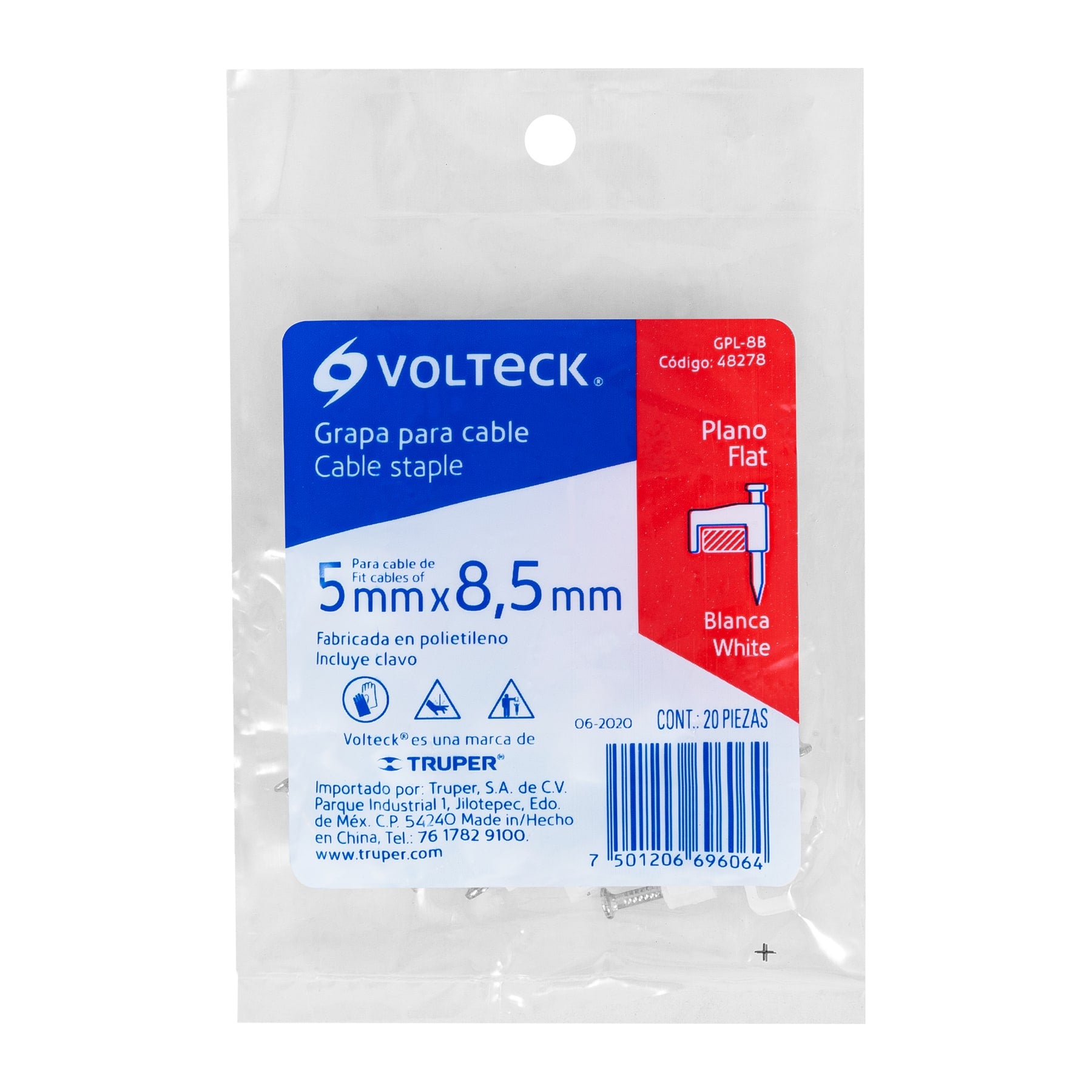 Bolsa con 20 grapas blancas de 5 x 8.5 mm para cable plano | GPL-8B | 48278