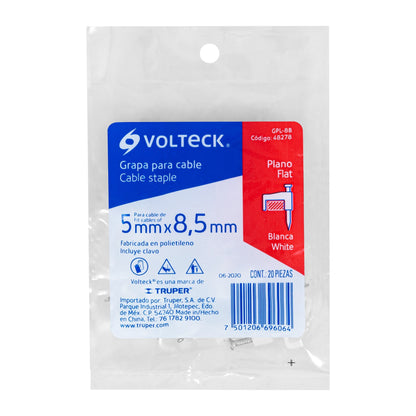 Bolsa con 20 grapas blancas de 5 x 8.5 mm para cable plano | GPL-8B | 48278