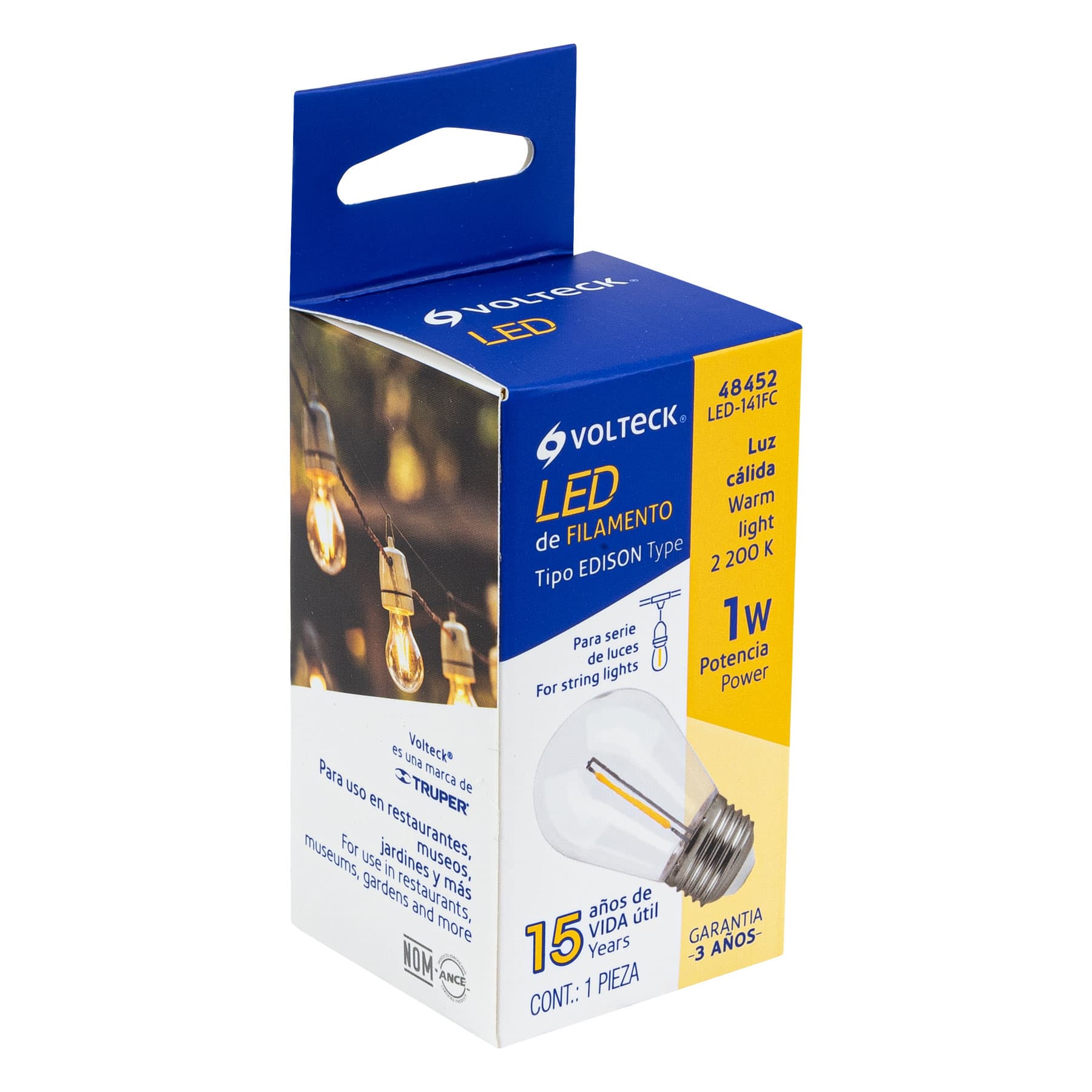 Lámpara LED S14 con filamento 1 W luz cálida, caja, Volteck | LED-141FC | 48452
