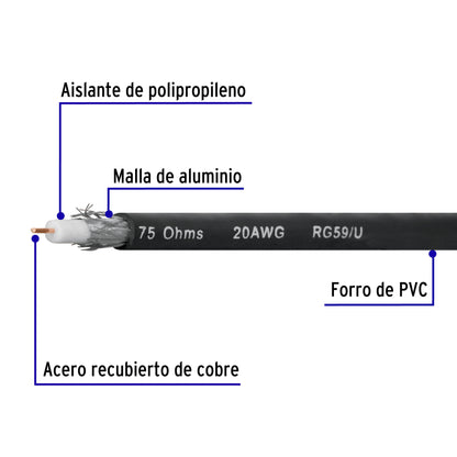 Metro de cable coaxial RG59 en rollo de 100 m, Volteck | CABCO-59 | 48473