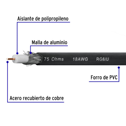 Metro de cable coaxial RG6 en rollo de 100 m, Volteck | CABCO-6 | 48474