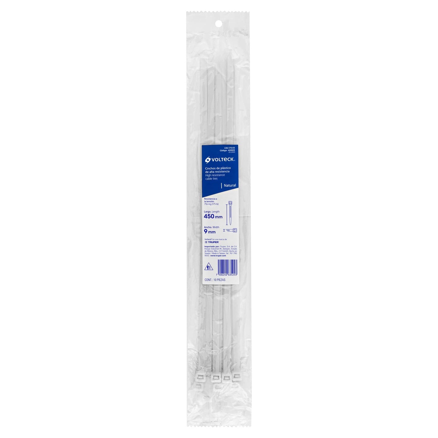 Bolsa con 10 cinchos plásticos 175 lb, 450x9 mm, naturales | CIN-17545 | 48985