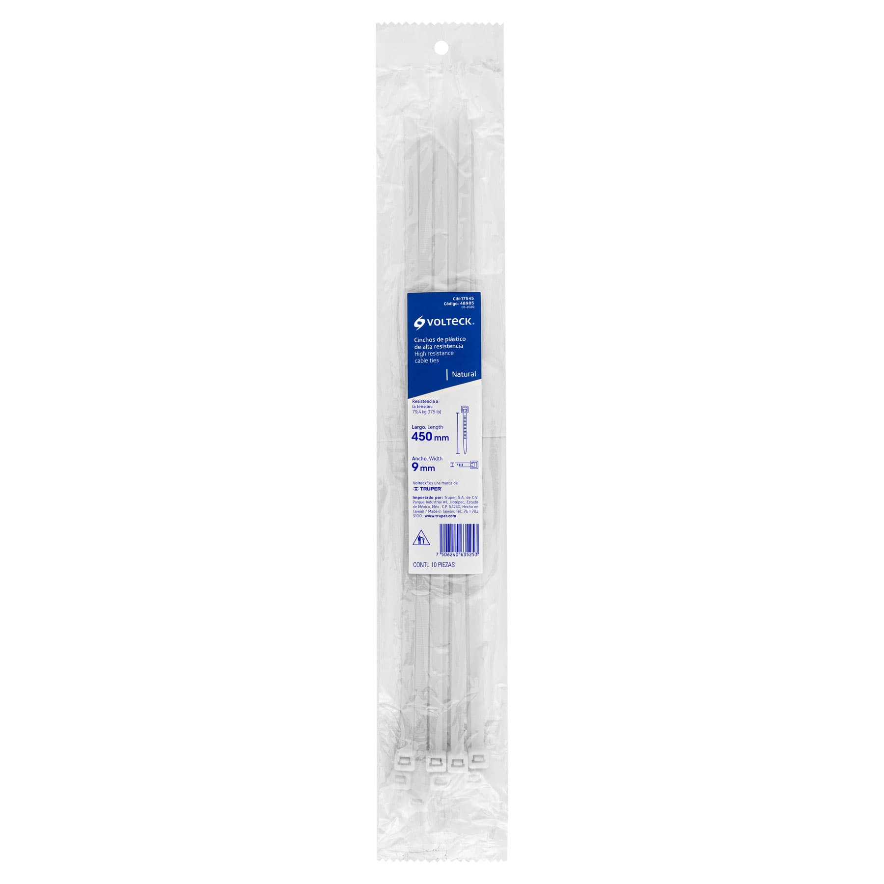 Bolsa con 10 cinchos plásticos 175 lb, 450x9 mm, naturales | CIN-17545 | 48985