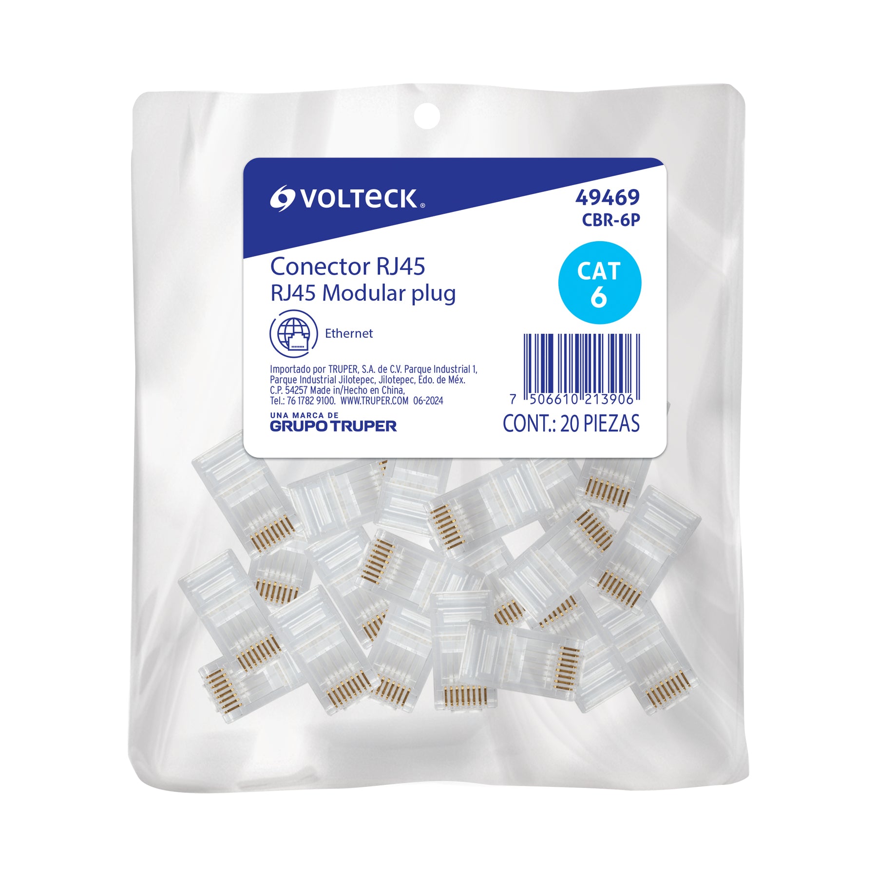 Plug RJ45 CAT6, Bolsa con 20 piezas, VOLTECK | CBR-6P | 49469