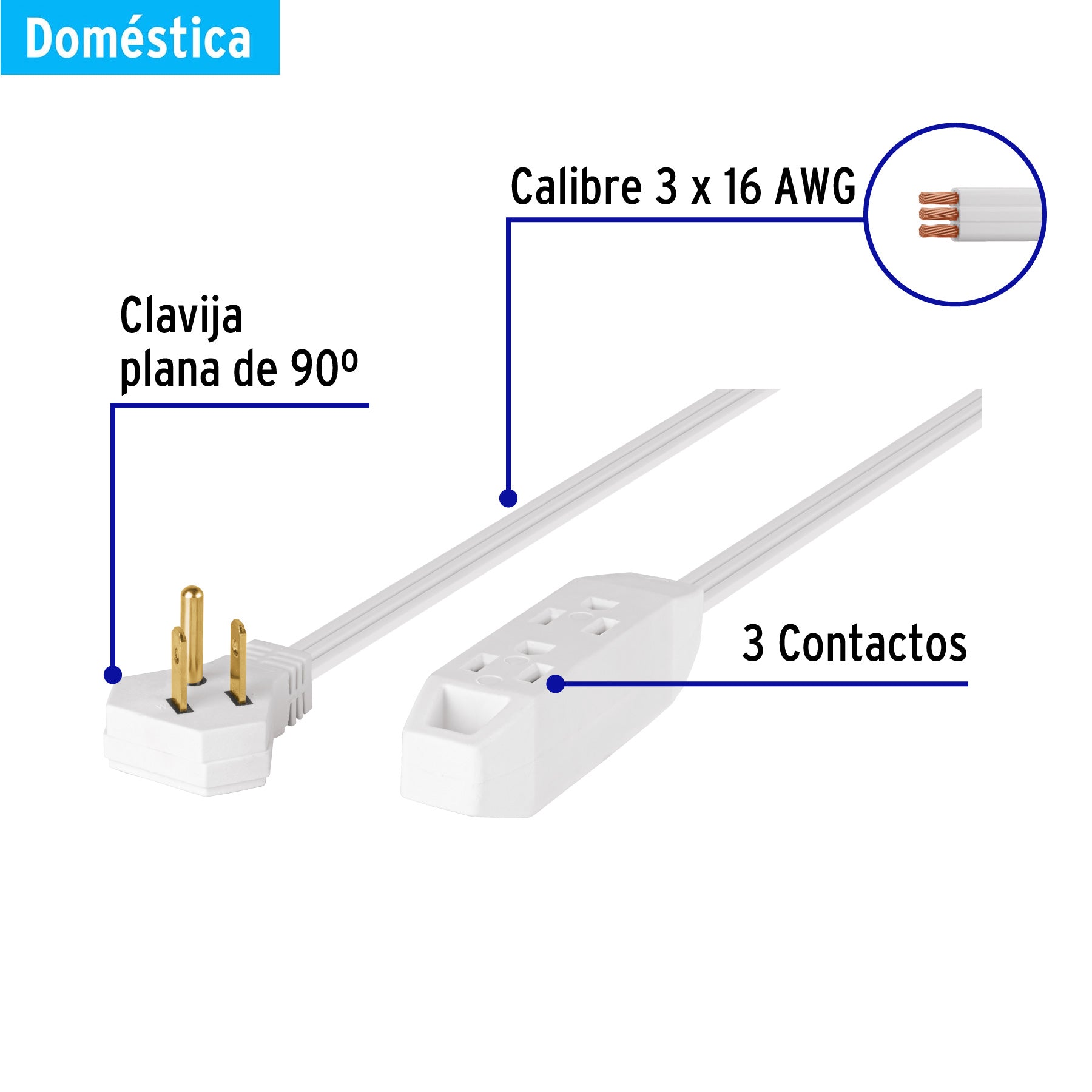 Extensión doméstica aterrizada 10 m blanca con clavija plana | EDA-10B | 49573