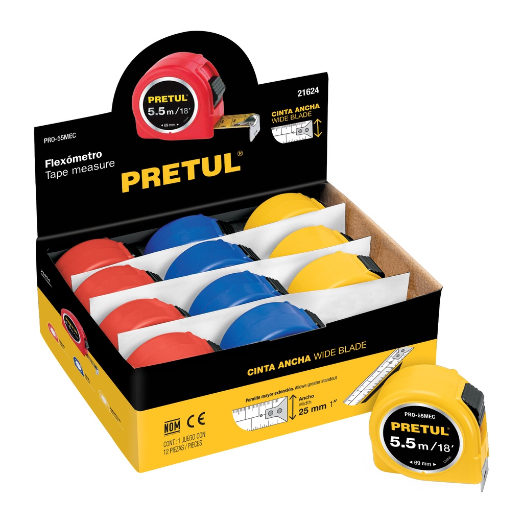 PRO-55MEC | Flexómetro 5.5 m cinta 25 mm, display box con 12 pz, Pretul