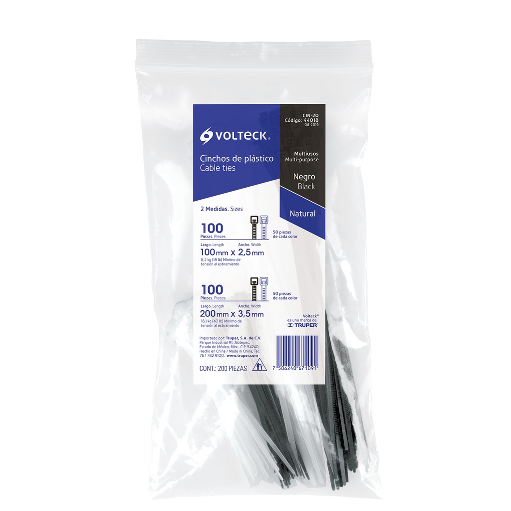 CIN-20 | Bolsa con 200 cinchos plásticos negros y naturales, Volteck