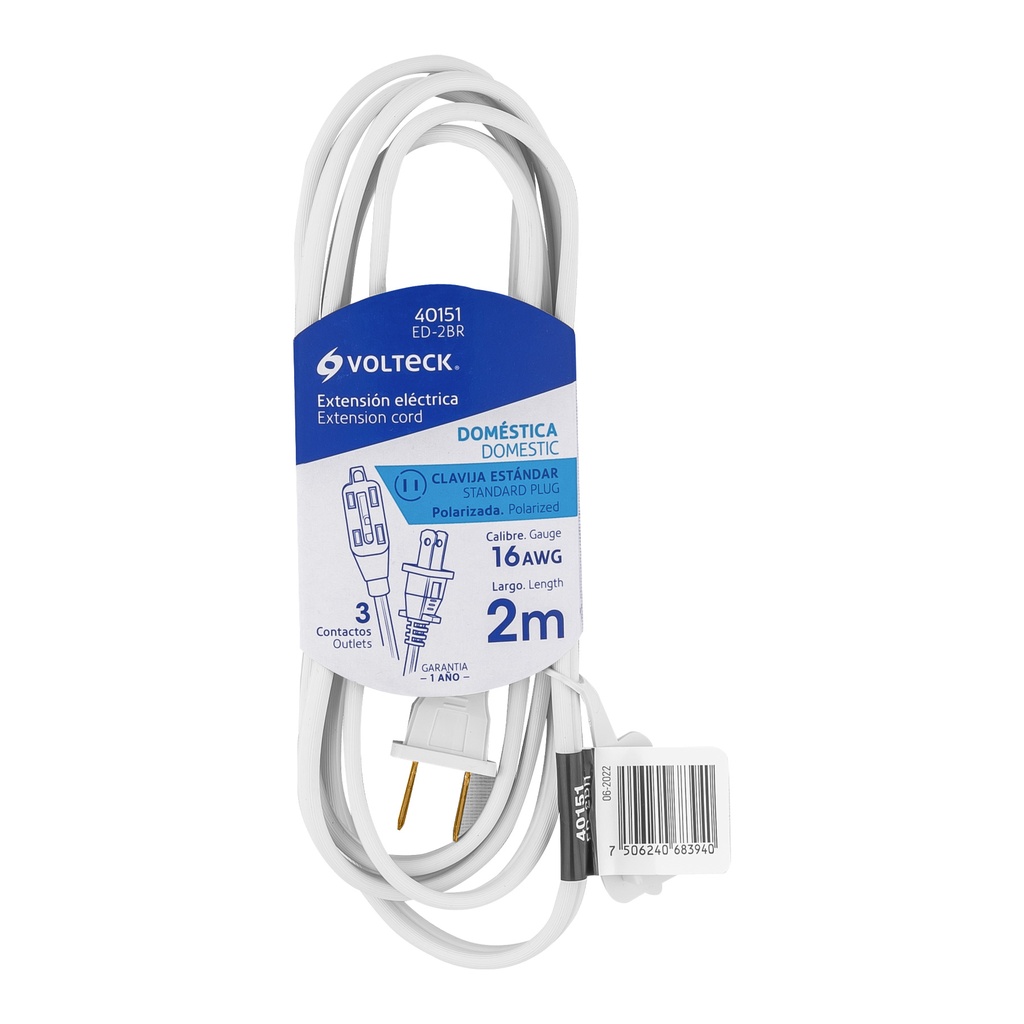 ED-2BR | Extensión eléctrica doméstica 2 m blanca con clavija recta