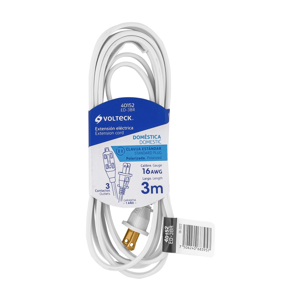 ED-3BR | Extensión eléctrica doméstica 3 m blanca con clavija recta