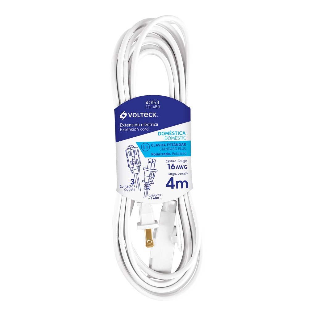 ED-4BR | Extensión eléctrica doméstica 4 m blanca con clavija recta