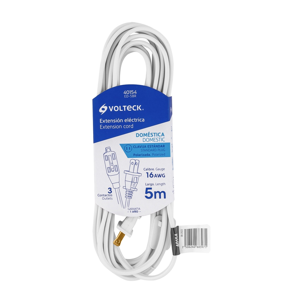 ED-5BR | Extensión eléctrica doméstica 5 m blanca con clavija recta