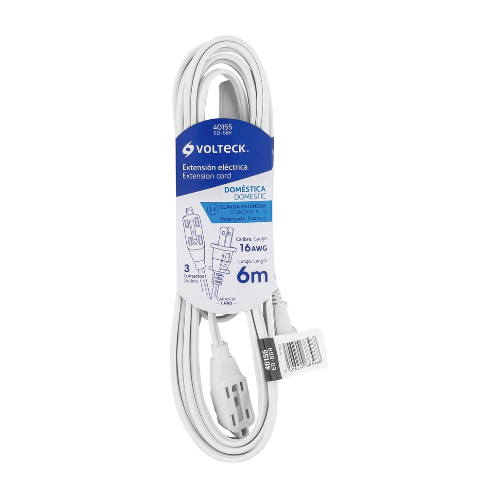 ED-6BR | Extensión eléctrica doméstica 6 m blanca con clavija recta