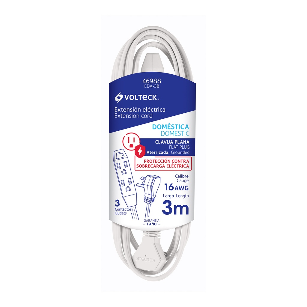 EDA-3B | Extensión doméstica aterrizada 3 m blanca con clavija plana