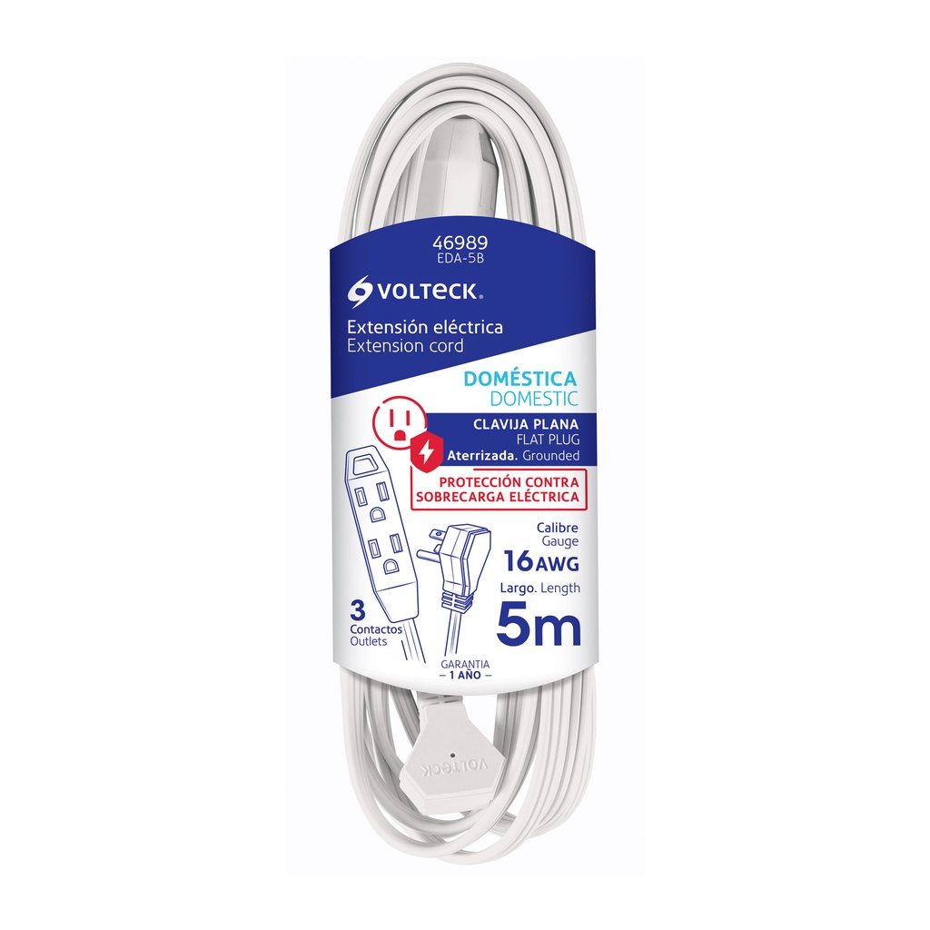 EDA-5B | Extensión doméstica aterrizada 5 m blanca con clavija plana